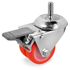 Twin injection polyurethane wheels, polyamide 6 centre, swivel bracket with stem for high carrying capacity with brake