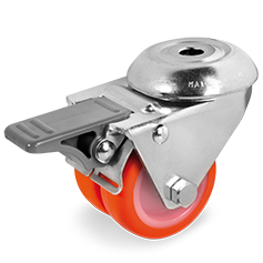 Twin injection polyurethane wheels, polyamide 6 centre, swivel bolt hole bracket for high carrying capacity with brake