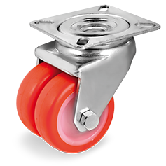 Twin injection polyurethane wheels, polyamide 6 centre, swivel top plate bracket for high carrying capacity