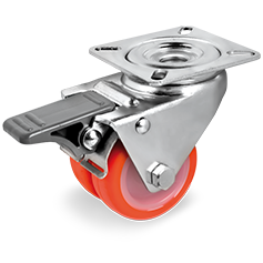 Twin injection polyurethane wheels, polyamide 6 centre, swivel top plate bracket for high carrying capacity with brake