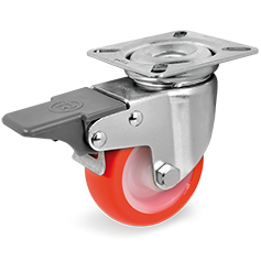 Injection polyurethane wheels, polyamide 6 centre, swivel top plate bracket with front lock