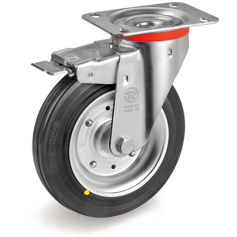 Antistatic rubber wheels, pressed steel discs, swivel top plate bracket type NL with front lock