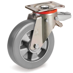 ESD "TR Roll" polyurethane wheels, electrical resistance <10^9 Ohm, swivel top plate bracket P with rear brake